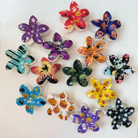 Halloween UV Printed Frangipani Hair Claw Clip Plastic Flower Shark Clip Ghost Pumpkin Bat Witch Hair Accessories For Women