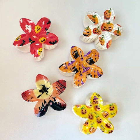 Halloween UV Printed Frangipani Hair Claw Clip Plastic Flower Shark Clip Ghost Pumpkin Bat Witch Hair Accessories For Women