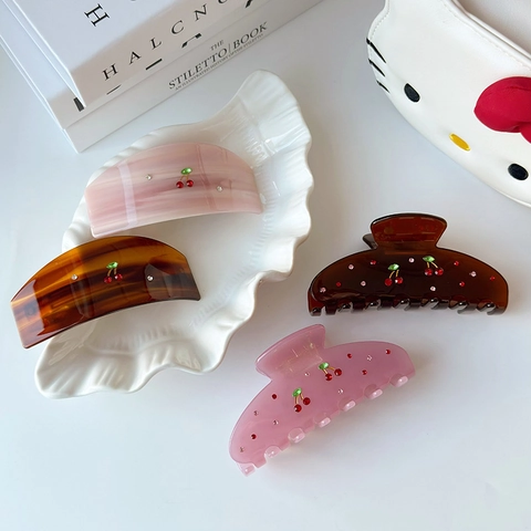 Zoete Acetaat Kers Strass Haarklem Elegante Marmertextuur Roze Bruin Haaraccessoires Voor Vrouwen Haarstyling Tool