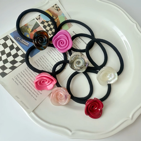 Acetate Rose Flower Elastic Hair Tie Elegant Korean Vintage Scrunchie Premium Handmade Hair Ring For Women Fashion Hair Accessories