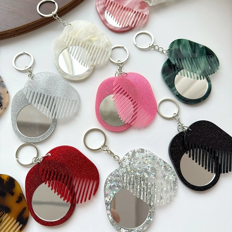 Portable Mini Mirror Comb Keychain Acrylic Marble Glitter Foldable Travel Hair Comb With Mirror For Bag Hanging Accessory