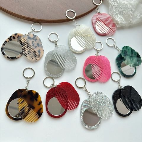 Portable Mini Mirror Comb Keychain Acrylic Marble Glitter Foldable Travel Hair Comb With Mirror For Bag Hanging Accessory