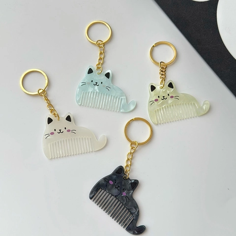 Cute Cartoon Cat Mini Comb Keychain Acetate Marble Texture Portable Hair Comb Bag Pendant For Women Girls Daily Accessory