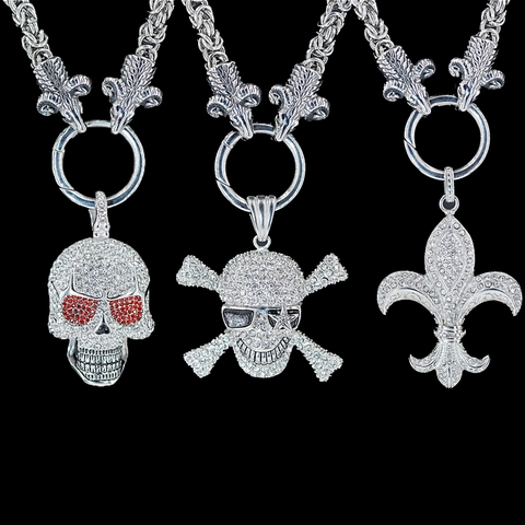 Gothic Stainless Steel Skull Fleur-De-Lis Pendant Necklace With Byzantine Goat Head Chain Vintage Punk Zirconia Jewelry