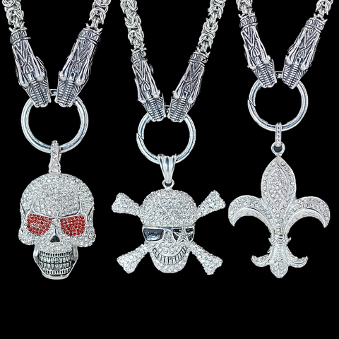 Men Gothic Punk Stainless Steel Skull Fleur-De-Lis Pendant Necklace With Byzantine Wolf Head Chain Hip Hop Zirconia Jewelry