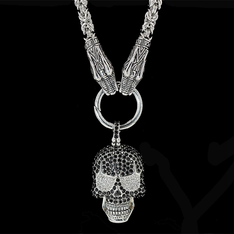 Men Gothic Punk Stainless Steel Skull Fleur-De-Lis Pendant Necklace With Byzantine Wolf Head Chain Hip Hop Zirconia Jewelry