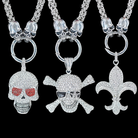 Iced Out Skull Fleur De Lis Pendant Necklace Punk Gothic Titanium Steel Men Hip Hop Jewelry Rhinestone Chain Necklace