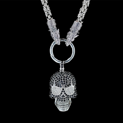 Vintage Gothic Stainless Steel Wolf Head Byzantine Chain Necklace With Skull Fleur-de-lis Pendant Rhinestone Punk Men Jewelry