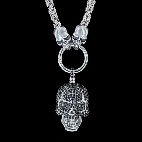 Iced Out Skull Fleur De Lis Pendant Necklace Punk Gothic Titanium Steel Men Hip Hop Jewelry Rhinestone Chain Necklace