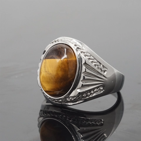 Vintage Titanium Steel Oval Gemstone Ring For Men Women Gold Silver Plated Carved Radial Lines Pattern Cat Eye Tiger Eye Lapis Lazuli Stone Signet Finger Ring Jewelry
