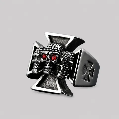 Gothic Punk Titanium Steel Skull Ring Men Vintage Iron Cross Biker Ring With Red Zirconia Eyes Retro Jewelry Gift