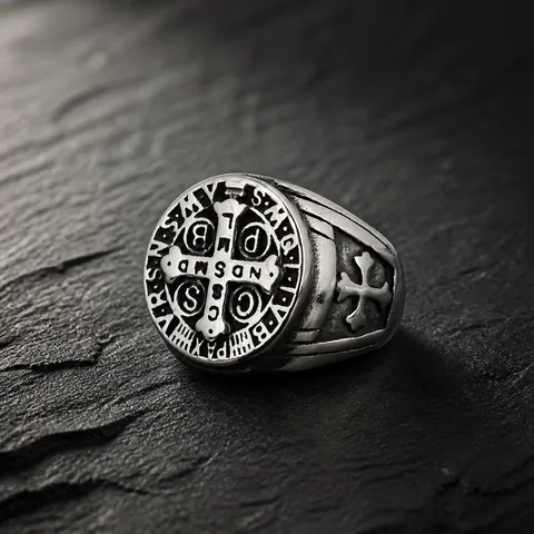 Chevalière Croix Médaille Saint Benoît Vintage pour Hommes Acier Inoxydable Religieux Punk Gothique Biker Bijoux Cadeau