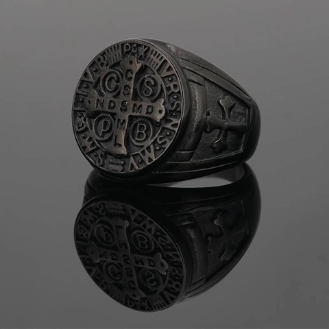 Chevalière Croix Médaille Saint Benoît Vintage pour Hommes Acier Inoxydable Religieux Punk Gothique Biker Bijoux Cadeau