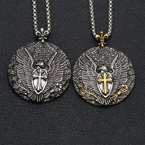 Collar con Colgante de Águila Cruz Escudo Acero Inoxidable Diamantes de Imitación Negros Pavé Medallón Redondo Joyería Hip Hop Regalo