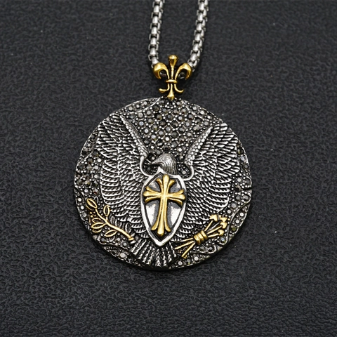 Collar con Colgante de Águila Cruz Escudo Acero Inoxidable Diamantes de Imitación Negros Pavé Medallón Redondo Joyería Hip Hop Regalo