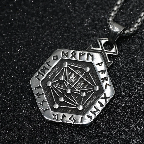 Nordische Wikinger Runen Sechseck Anhänger Halskette Für Herren Vintage Titanstahl Vegvisir Kompass Geometrischer Schmuck