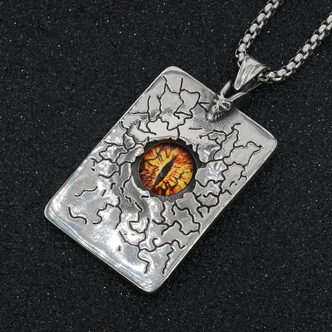Collier Pendentif Mauvais Œil Rectangulaire Vintage en Acier au Titane Bijoux Gothiques Punk Motif de Fissure pour Hommes Femmes