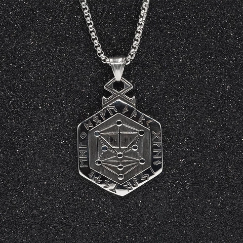 Nordische Wikinger Runen Sechseck Anhänger Halskette Für Herren Vintage Titanstahl Vegvisir Kompass Geometrischer Schmuck