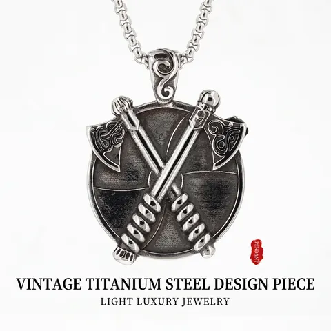 Vintage Nordic Viking Battle Axe Shield Pendant Necklace Titanium Steel Men Retro Punk Hip Hop Pirate Compass Jewelry Accessory