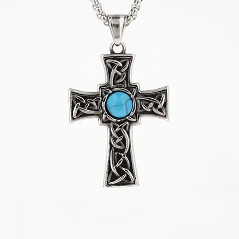 Viking Keltisches Kreuz Anhänger Halskette Für Herren Retro Titanstahl Halskette Mit Künstlicher Türkis Ethnisch Schmuck