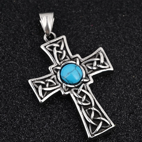 Viking Keltisches Kreuz Anhänger Halskette Für Herren Retro Titanstahl Halskette Mit Künstlicher Türkis Ethnisch Schmuck