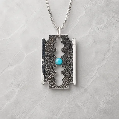 Retro Punk Titanium Steel Razor Blade Pendant Necklace With Artificial Turquoise Inlaid Hammered Industrial Style Jewelry