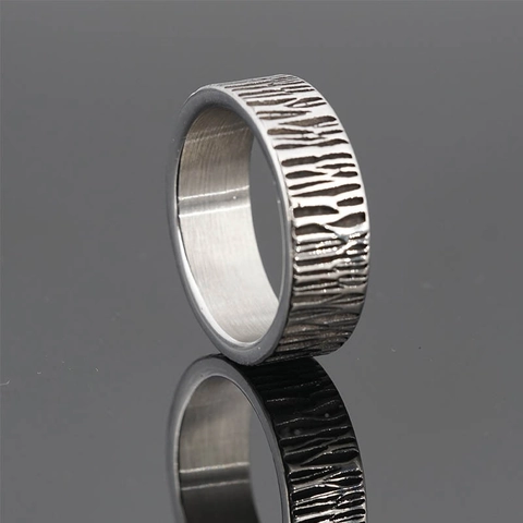 Vintage Roestvrij Stalen Ring Boomstamschors Textuur Industrieel Eenvoudig Brede Band Ring Voor Mannen Dagelijkse Mode Sieraden