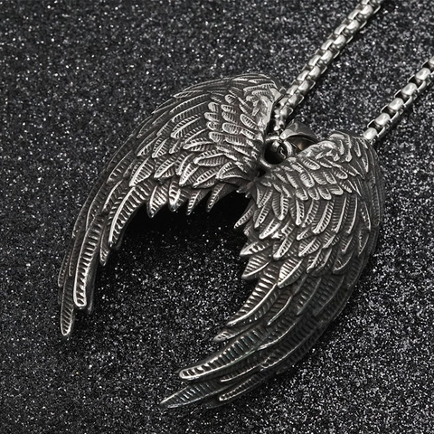 Collana con Pendente ad Ali d'Angelo in Acciaio al Titanio Vintage da Uomo Punk Gotico Distressed Ali di Piuma Gioielli Biker Con o Senza Catena
