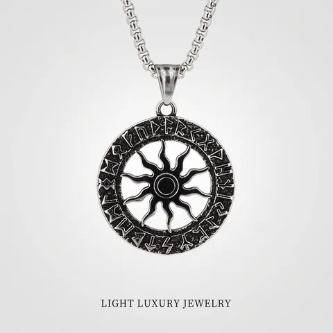 Vintage Wikinger Runen Sonne Anhänger Halskette Titanstahl Nordische Runen Totem Kette Edelstahl Herren Streetwear Schmuck