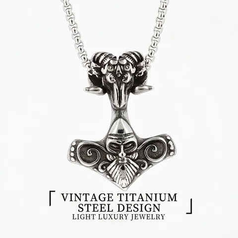 Vintage Viking Thor's Hammer Mjolnir Pendant Necklace Stainless Steel Antique Silver Ram Head Warrior Relief Jewelry For Men Retro Punk Style