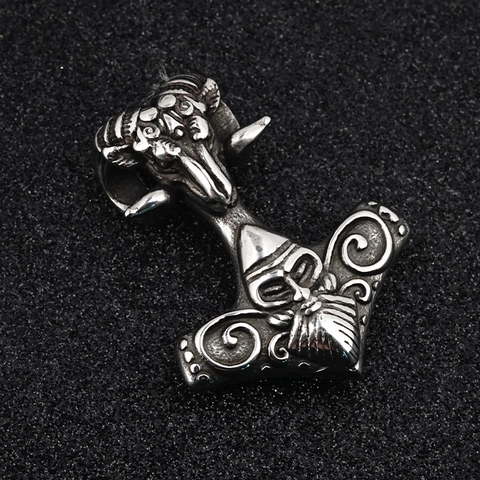 Vintage Viking Thor's Hammer Mjolnir Pendant Necklace Stainless Steel Antique Silver Ram Head Warrior Relief Jewelry For Men Retro Punk Style