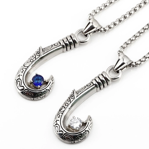 Vintage Edelstahl Angelhaken Anhänger Halskette Mit Zirkonia Retro Gravur Tribal Stil Herren Schmuck Blau Weiß Stein