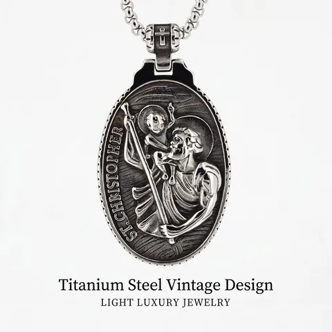 Vintage St. Christoffel Engel Hanger Halsketting Heren Titanium Staal Religieus Kruis Ovaal Reliëf Hip Hop Sieraden