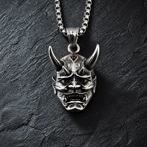 Vintage Gothic Hannya Mask Pendant Necklace For Men Stainless Steel Garnet Inlaid Punk Skull Demon Mask Jewelry Finger Neckwear