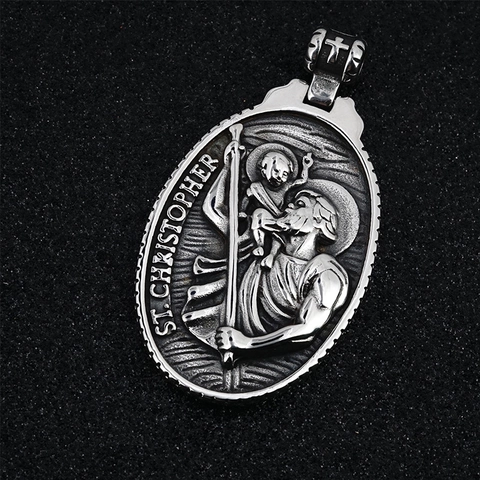 Vintage St. Christoffel Engel Hanger Halsketting Heren Titanium Staal Religieus Kruis Ovaal Reliëf Hip Hop Sieraden