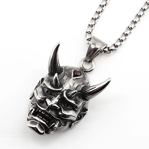 Vintage Gothic Hannya Mask Pendant Necklace For Men Stainless Steel Garnet Inlaid Punk Skull Demon Mask Jewelry Finger Neckwear