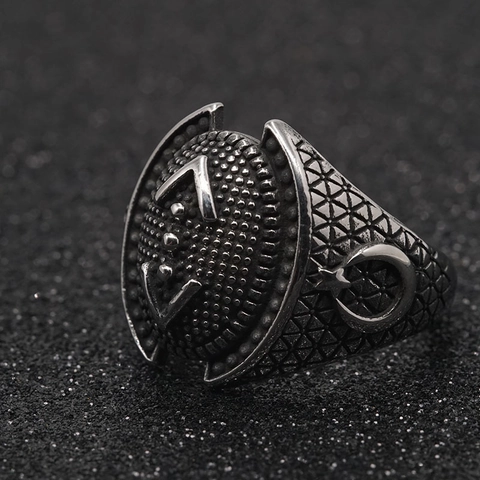 Vintage Punk Titanium Steel Anchor Shield Ring For Men Geometric Moon Star Engraved Gothic Biker Finger Ring Jewelry Gift