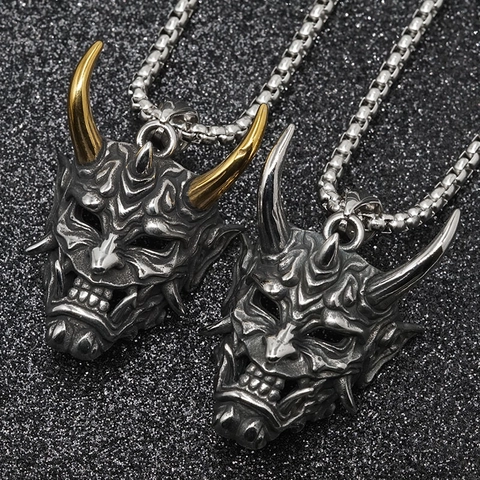 Retro Japanese Hannya Mask Titanium Steel Pendant Necklace For Men Hip Hop Gothic Distressed Demon Mask Jewelry Accessory