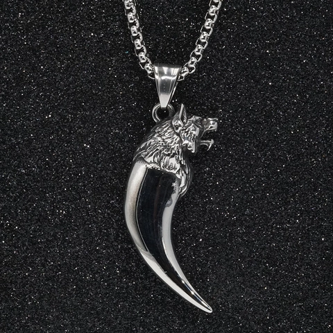 Retro Stainless Steel Wolf Head Tooth Pendant Necklace For Men Hip Hop Punk Wolf Fang Charm Titanium Steel Jewelry