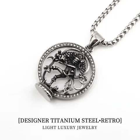 Retro Shiva Nataraja Pendant Necklace For Men Titanium Steel Rhinestone Inlaid Vintage Silver Tone Hip Hop Punk Jewelry
