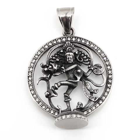 Retro Shiva Nataraja Pendant Necklace For Men Titanium Steel Rhinestone Inlaid Vintage Silver Tone Hip Hop Punk Jewelry
