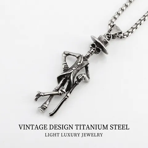 Retro Titanium Steel Skull Gentleman Pendant Necklace Gothic Punk Hip Hop Distressed Box Chain Pendant Jewelry For Men