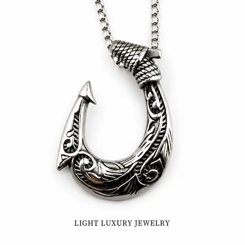 Vintage Titanstahl Angelhaken Anhänger Halskette Herren Hip Hop Polynesisches Totem Geschnitzt Nautischer Schmuck Kette Silber