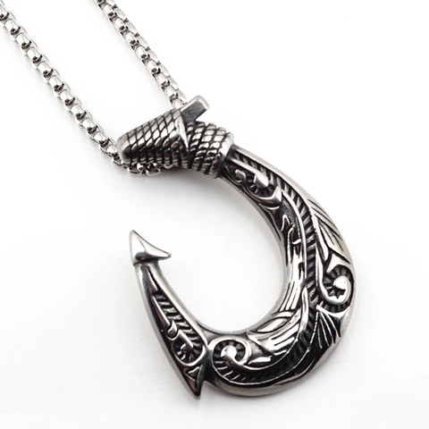 Vintage Titanstahl Angelhaken Anhänger Halskette Herren Hip Hop Polynesisches Totem Geschnitzt Nautischer Schmuck Kette Silber