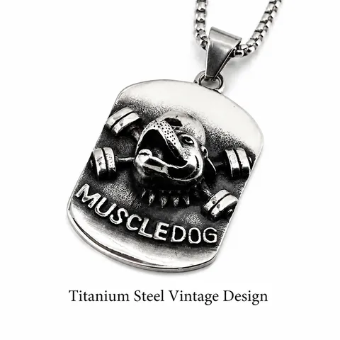 Men Stainless Steel Muscle Dog Dumbbell Military Tag Pendant Necklace Retro Gym Fitness Jewelry For Men Sport Accessory