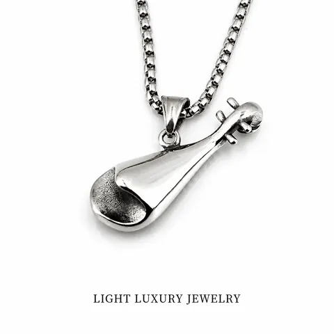 Retro Titanium Steel Pipa Musical Instrument Pendant Necklace For Men Chinese Style Classical Music Bottle Opener Jewelry