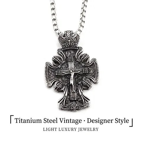 Collier Pendentif Croix de Jésus en Acier Titane Vintage Style Hip Hop Punk Vieilli pour Hommes Femmes Bijoux Gothiques Religieux