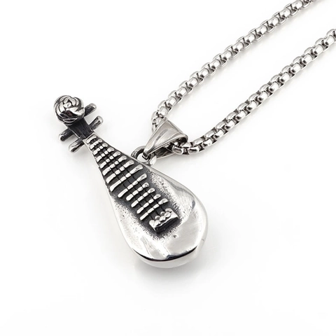 Retro Titanium Steel Pipa Musical Instrument Pendant Necklace For Men Chinese Style Classical Music Bottle Opener Jewelry