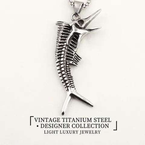 Vintage Stainless Steel Swordfish Fish Bone Skeleton Pendant Necklace Punk Streetwear Hip Hop Distressed Jewelry For Men Women