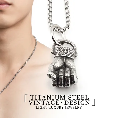 Collar con Colgante de Puño de Acero de Titanio Vintage para Hombre Mujer Punk Streetwear Joyería Gótica Hip Hop Plata Retro